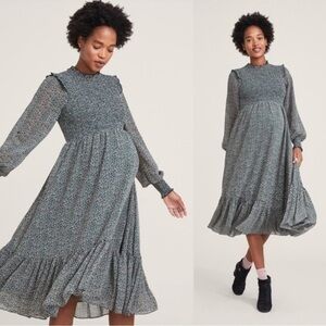 Hatch Collection Lana Midi Dress Forest Green Floral Size Small Maternity